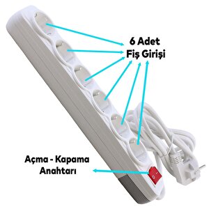 6'lı Grup Priz Anahtarlı Topraklı 2 Metre Seyyar Ara Kablolu Uzatma Kablolusu Altılı Piriz Kablo