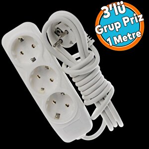 3'lü Grup Priz Anahtarsız Topraklı 1 Metre Seyyar Ara Kablolu Uzatma Kablolusu Üçlü Piriz