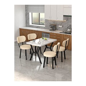 Azra 70x110cm Beyaz Mutfak Masası, Mutfak Masası Takımı, Yemek Masası, 4 Krem Sandalye