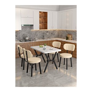 Azra 70x110cm Beyaz Mutfak Masası, Mutfak Masası Takımı, Yemek Masası, 4 Krem Sandalye