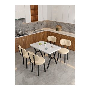 Azra 70x110cm Beyaz Mutfak Masası, Mutfak Masası Takımı, Yemek Masası, 4 Krem Sandalye