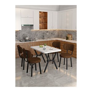 Azra 70x110cm Beyaz Mutfak Masası, Mutfak Masası Takımı, Yemek Masası, 4 Kahverengi Sandalye