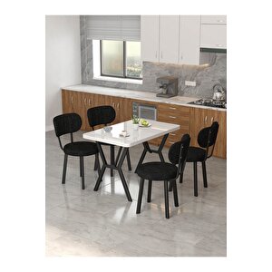 Azra 70x110cm Beyaz Mutfak Masası, Mutfak Masası Takımı, Yemek Masası, 4 Siyah Sandalye