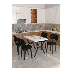 Azra 70x110cm Beyaz Mutfak Masası, Mutfak Masası Takımı, Yemek Masası, 4 Siyah Sandalye