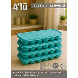4'lü Set Buz Kalıbı 12 Bölmeli Esnek Silikon Buz Küpü Bpa Free Kare Bas Parmak Buzluk Çapı 3,5 Cm Mavi