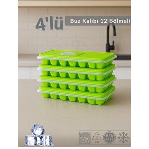 4'lü Set Buz Kalıbı 12 Bölmeli Esnek Silikon Buz Küpü Bpa Free Kare Bas Parmak Buzluk 3x3 Yeşil