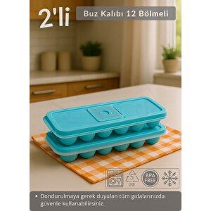 2'li Set Buz Kalıbı 12 Bölmeli Esnek Silikon Buz Küpü Bpa Free Kare Bas Parmak Buzluk Çapı 3,5 Cm Mavi