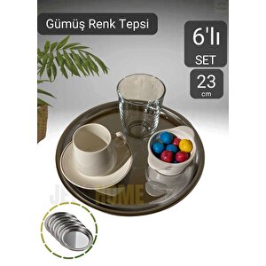 6’lı Set Lüx Sunum Tepsisi Paslanmaz Kahve Tepsisi Çelik Tepsi Yuvarlak Çeyizlik Tepsi 23 Cm