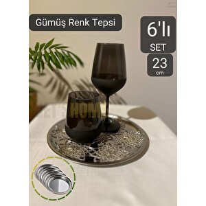 6’lı Set Lüx Sunum Tepsisi Paslanmaz Kahve Tepsisi Çelik Tepsi Yuvarlak Çeyizlik Tepsi 23 Cm