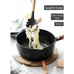 Silikon Spagetti Kaşığı Mutfak Kaşık Ahşap Saplı 31,5 Cm