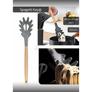 Silikon Spagetti Kaşığı Mutfak Kaşık Ahşap Saplı 31,5 Cm