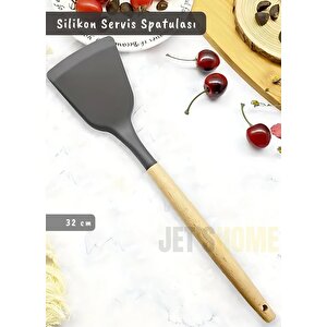 Silikon Servis Spatula Mutfak Kaşığı Pasta Spatulası Ahşap Saplı 32 Cm
