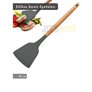 Silikon Servis Spatula Mutfak Kaşığı Pasta Spatulası Ahşap Saplı 32 Cm
