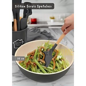 Silikon Servis Spatula Mutfak Kaşığı Pasta Spatulası Ahşap Saplı 32 Cm