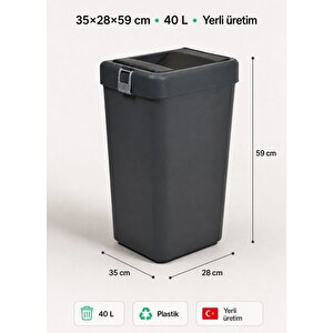 Antrasit Bas Çek Çöp Kovası 40 L - Koyu Renk Mutfak Ankastre Uyumlu Büyük Boy Çöp Kutusu