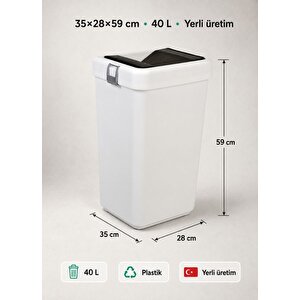 Bas Çek Mutfak Çöp Kovası 40 L - Poşet Sıkıştırmalı Büyük Boy Pratik Çöp Kutusu Beyaz