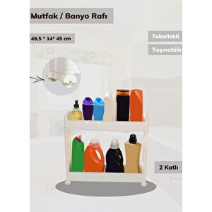2 Katlı Mutfak Rafı Tekerlekli Organizer Dar Banyo Düzenleyici Motek Beyaz Banyo Rafı
