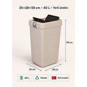 Bej Bas Çek Mutfak Çöp Kovası 40 L - Ahşap Ve Krem Mutfak Uyumlu Büyük Boy Pratik Çöp Kutusu