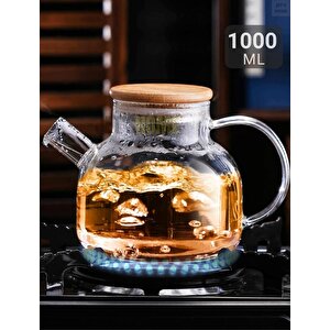 Cam Demlik Isıya Dayanıklı Demlik Bambu Vakumlu Kapak 1000 Ml