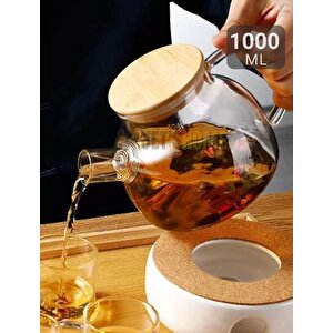 Cam Demlik Isıya Dayanıklı Demlik Bambu Vakumlu Kapak 1000 Ml
