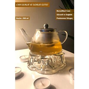 2’li Set Cam Demlik Ve Cam Isıtıcı Süzgeçli Demlik 500 Ml Bitki Çayı Demliği Borasilikat