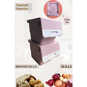 2’li Tekerlekli Organizer Bpa Free Erzak Kutusu Sebzelik Soğanlık Oyuncaklık Pembe 24 Lt