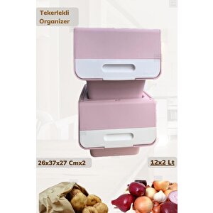 2’li Tekerlekli Organizer Bpa Free Erzak Kutusu Sebzelik Soğanlık Oyuncaklık Pembe 24 Lt
