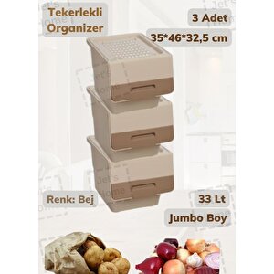 3’lü Tekerlekli Patateslik Soğanlık Bpa Free Erzak Kutusu Oyuncaklık Sebzelik Krem 33 Lt