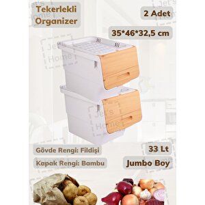 2’li Tekerlekli Patateslik Soğanlık Erzak Kutusu Oyuncaklık Sebzelik Bambu Desenli 33 Lt