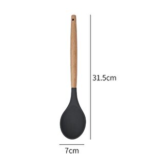 Silikon Kaşık Mutfak Kaşığı Servis Kaşığı Ahşap Saplı 31,5 Cm