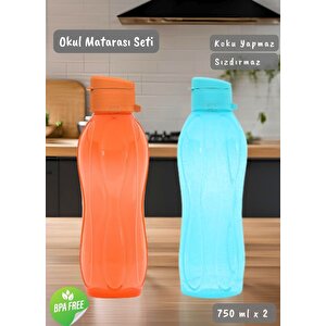 2’li Okul Matarası Seti Bpa Free Öğrenci Suluğu Kokusuz Suluk Mavi Turuncu 750 Ml