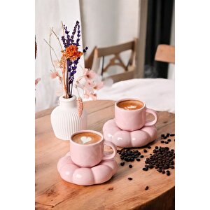 2 Adet 95 Ml Papatya Şekilli Seramik Pembe Türk Kahvesi Fincan Takımı Mit1159