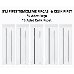 Cup 5'li Paket 10 Parça - 5 Adet Paslanmaz Çelik Metal Pipet Ve 5 Adet Pipet Temizleme Fırçası