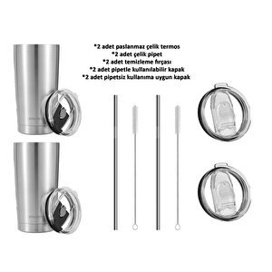 2li Termos Mug Seti  600 Ml - 20oz Sıcak & Soğuk Içecekler Için Çelik Pipetli Sürgülü Kapaklı Ve Temizleme Fırçalı