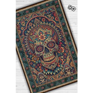 Kuru Kafa Figürlü Korku Kurukafalı Salon Halısı Koyu Renkli Oturma Odası Halı Konsept Halı 80x120 cm