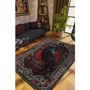 Homshtag Gotik Karga Temalı Halı Kırmızı Renkli Retro Oturma Odası Halısı Karanlık Karga Halısı