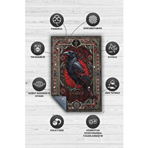 Homshtag Gotik Karga Temalı Halı Kırmızı Renkli Retro Oturma Odası Halısı Karanlık Karga Halısı