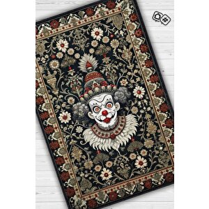Homshtag Gotik Palyaço Temalı Halı Siyah Çiçekli Oturma Odası Halısı Etnik Hediyelik Palyaço Halısı