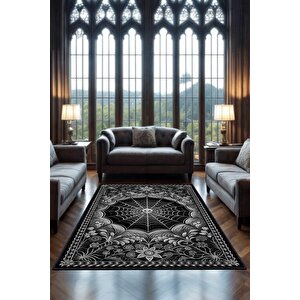 Gotik Örümcek Ağı Temalı Halı Siyah Çiçekli Oturma Odası Halısı Hediyelik Örümcekli Halı 120x180 cm