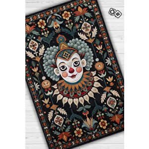 Geleneksel Palyaço Temalı Halı Siyah Çiçekli Oturma Odası Halısı Hediyelik Palyaço Halısı 120x180 cm