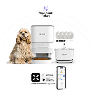 Xenon Smart Akıllı Otomatik Kedi Mama Kabı, Otomatik Bataryalı Şarjlı Sensörlü, Su Pınarı Sebili Ve Yedek Filtre 3'lü Pet Ürünleri Seti
