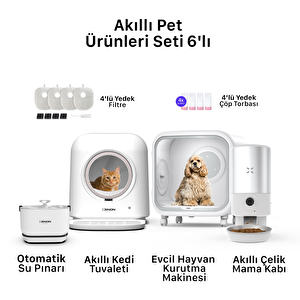Akıllı Evcil Hayvan Kurutma Makinesi Otomatik Kedi Tuvaleti Çelik Mama Kabı Şarjlı Ve Bataryalı Su Sebili Yedek Filtre Ve Yedek Çöp Torbası 6'lı Pet Ürünleri Seti