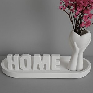 Beton Vazo Ve Home Yazısı Oval Tabak Set