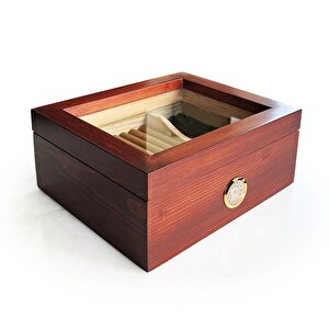 Masif Yerli Sedir Ağacı Humidor Puro Kutusu Camlı 2 Bölmeli Analog