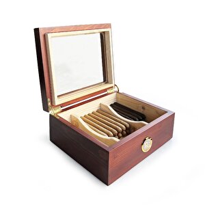 Masif Yerli Sedir Ağacı Humidor Puro Kutusu Camlı 2 Bölmeli Analog