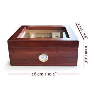 Mezmob Masif Yerli Sedir Ağacı Humidor Puro Kutusu Camlı 2 Bölmeli Analog