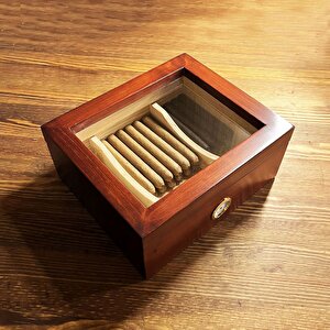 Mezmob Masif Yerli Sedir Ağacı Humidor Puro Kutusu Camlı 2 Bölmeli Analog