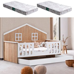 Yavrulu Karyola, Bello Yavrulu Montessori Yatak - Ceviz + 2 Adet Comfort Yatak