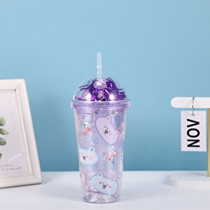 Ayıcık Işıklı Ve Pipetli Bardak, 450 Ml, Pullu Ve Kapaklı, Beyaz, 20x8 Beyaz