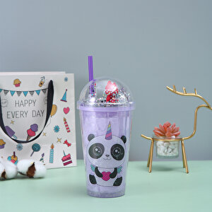 Panda Işıklı Ve Pipetli Bardak, 450 Ml, Buzlu Ve Kapaklı, Mor, 20x8 Mor